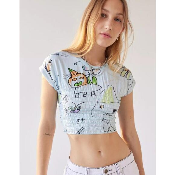 Urban Outfitters Blue Doodle Printed Short Sleeve Crop Top Women's Medium - Picture 1 of 7